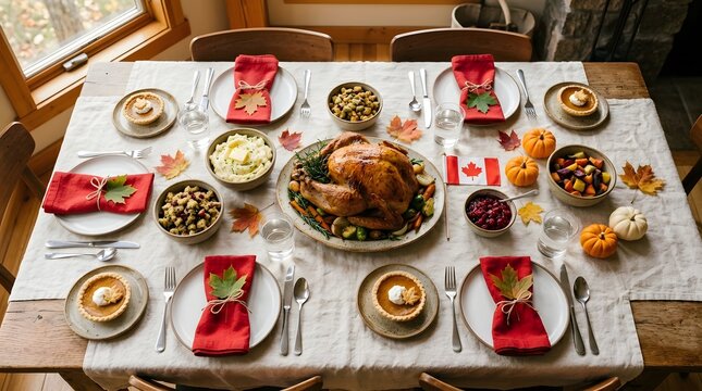 A warm and festive canadian thanksgiving celebration a beautifully set table overflowing with delicious food and shared gratitude for family and friends