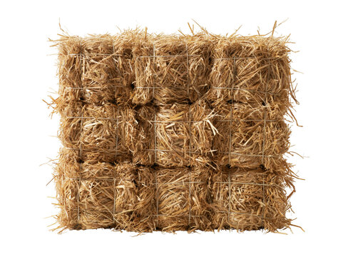 Stacked dry hay bales isolated on white background for farm and agriculture concepts