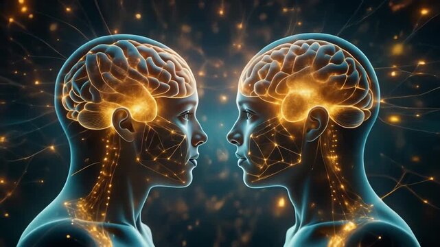 Artificial intelligence concept showing two human profiles with glowing neural networks and brains communicating in a digital space.