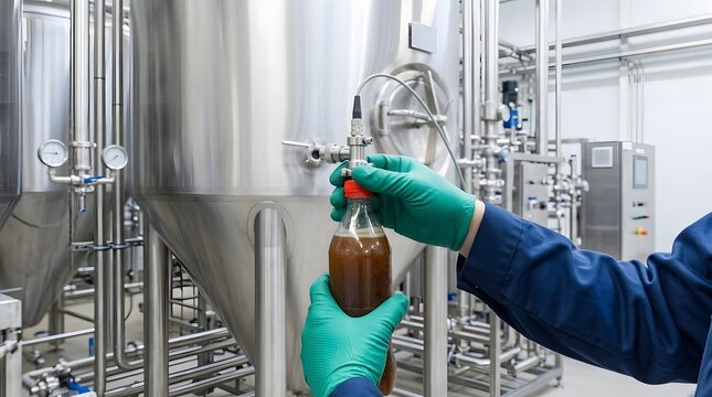 Worker sampling kombucha from stainless steel fermentation tank in modern brewery
