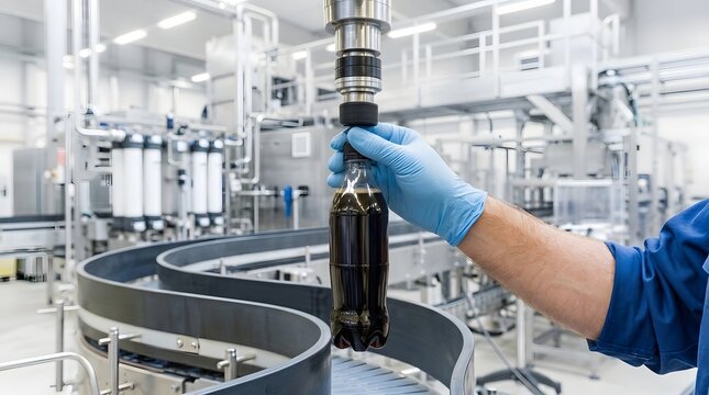 Worker Holding Dark Beverage Bottle Under Filling Machine in Modern Factory