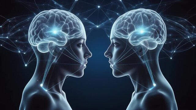 Futuristic animation of glowing human brains and neural networks inside two faces facing each other on dark background.
