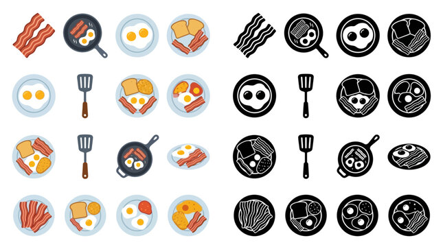 Collection of breakfast icons, including fried eggs, bacon, toast, and spatulas, in both color and outline styles.