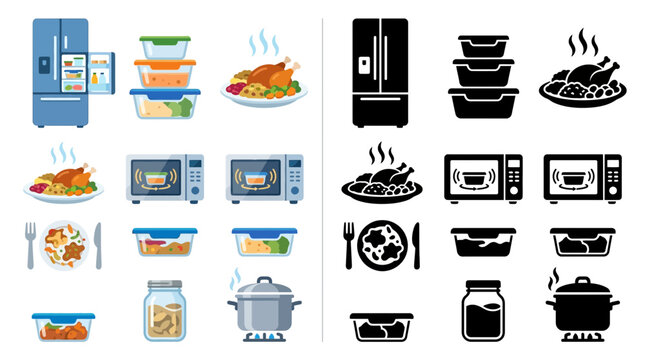 Collection of kitchen appliances and food storage containers, including a refrigerator, microwave, and pots, with cooked meals and ingredients.