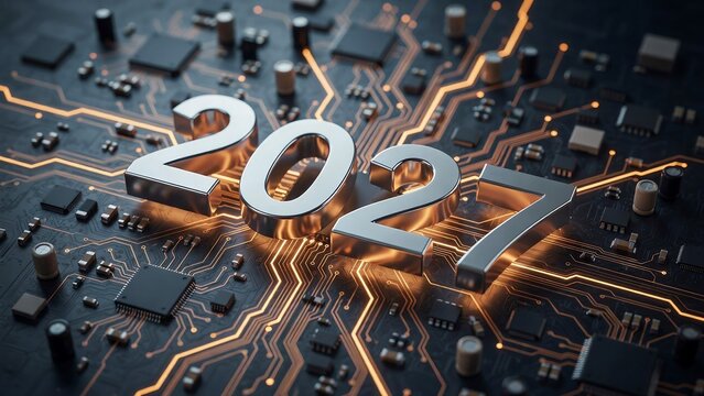 Isometric view of 2027 chrome numerals sitting on dark electronic motherboard with orange light trails signifies future computing and global digital transformation.