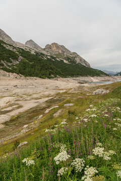 Canazei, Italy. Exposed shoreline and low water level at Lago di Fedaia showing drought conditions in the Dolomites