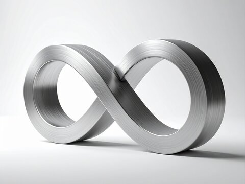 Sleek brushed metal infinity symbol sign representing the abstract concept of eternity and continuous loop on a white background
