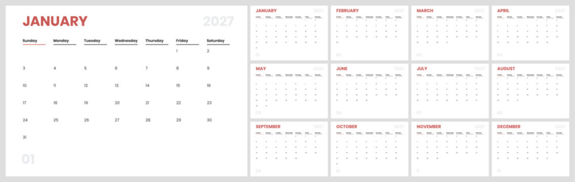 Clean calendar template for 2027. 2027 daily planner calendar.