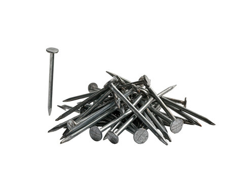 Pile of steel nails and one standing nail isolated on white background