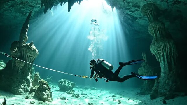 Scuba diver exploring underwater cave with sunbeams and rock formations