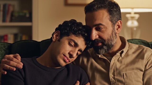 Caring middle eastern father providing comfort and support to his crying teenage son sitting on the sofa at home, helping him with his problems and showing paternal love and care