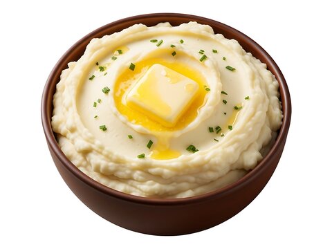 Creamy mashed potatoes topped with a golden square of melting butter garnish