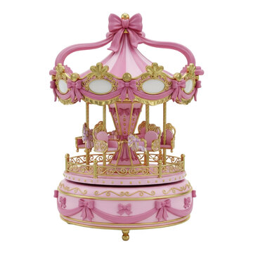 Elegant pink and gold carousel music box with intricate detailing and bow accents
