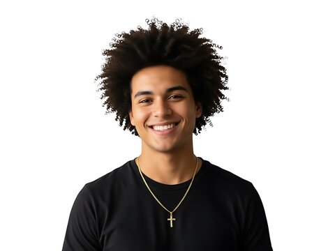 Portrait of a smiling young man with an afro hairstyle against white background