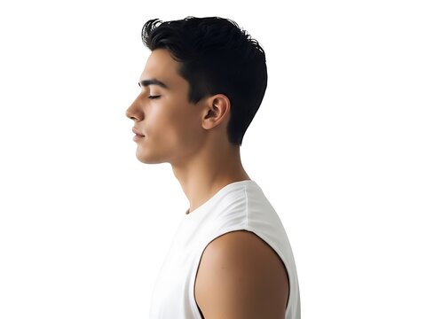 Profile portrait of a young man with eyes closed against white background