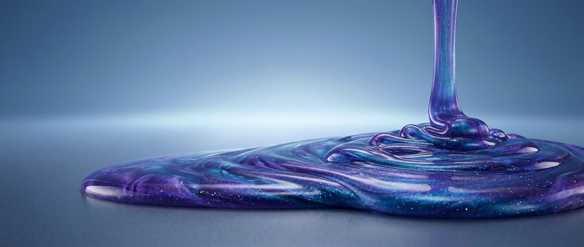 Vibrant purple and blue liquid pouring and spreading smoothly across a sleek dark surface, creating glossy abstract patterns and fluid motion effects in studio lighting