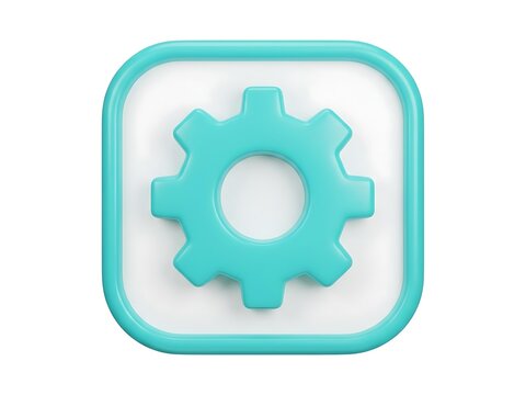 A glossy 3d turquoise gear icon centered within a rounded square frame
