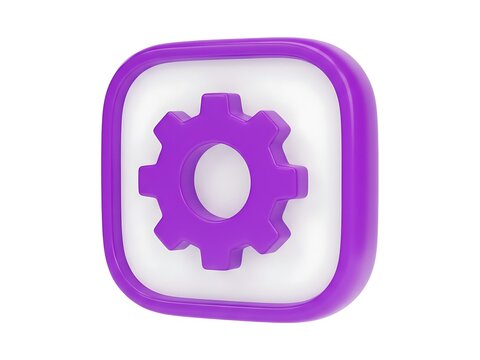 A 3d rendered purple settings icon featuring a gear inside a rounded square