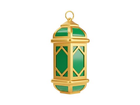 An ornate golden ramadan lantern featuring vibrant green glass pane panels