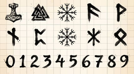 Fototapeta premium A grid displays Norse symbols runes and digits in black ink on textured aged paper