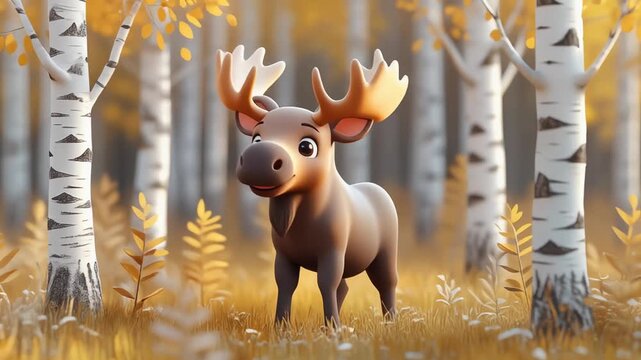 Young moose standing in golden birch forest
