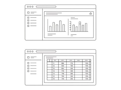 Minimalist outline wireframes of a web dashboard with charts and data tables