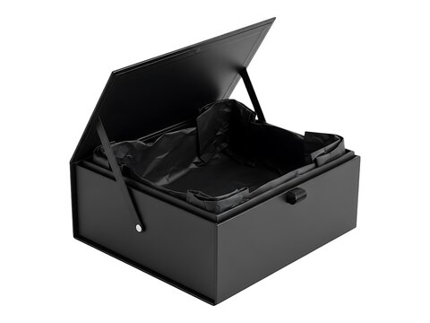 A sleek black storage box with a hinged lid for elegant product packaging
