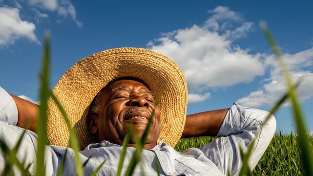 Content senior african american farmer with a straw hat resting in a green meadow, basking in the sun with a look of peace and satisfaction on his face while lying in the lush grass