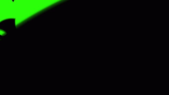 Flying bats silhouette with glowing red eyes animation on green screen background. Perfect for Halloween video editing, horror themes, spooky compositions, and visual effects.