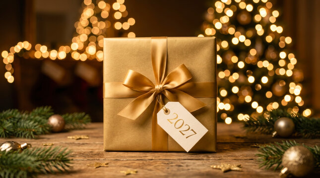 Gold wrapped gift box with a 2027 tag on a wooden table with blurred Christmas lights representing luxury holiday celebration, festive new year present, and joyful winter season.