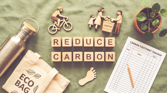 Flat lay of wooden blocks spelling REDUCE CARBON with a tracker and eco friendly items representing sustainable green lifestyle, environmental protection habit, and zero emission climate action.