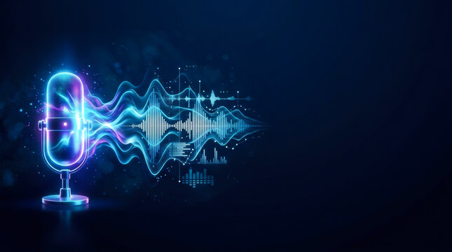 Glowing neon microphone emitting digital sound waves on a dark blue background representing futuristic podcast broadcasting, cyber audio spectrum, and advanced voice recognition technology.