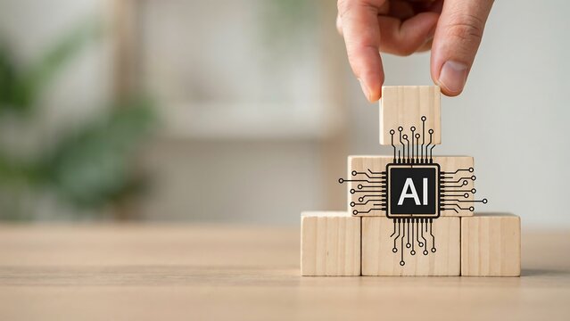 Hand building AI stack with wooden blocks featuring digital circuit board and artificial intelligence icon representing future machine learning technology solutions.