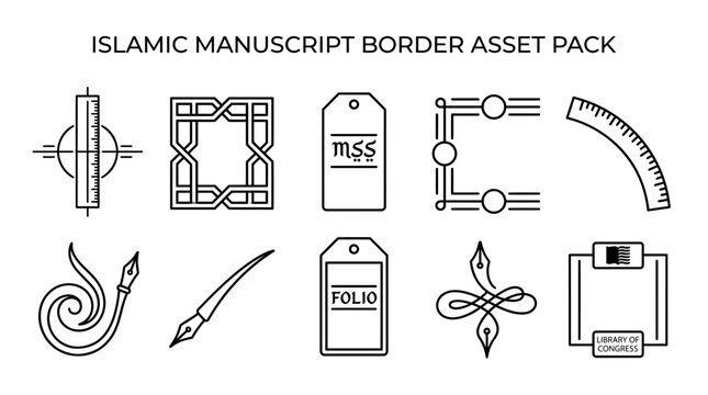 Graphic set of blackline icons representing an Islamic manuscript border asset pack arranged in two rows