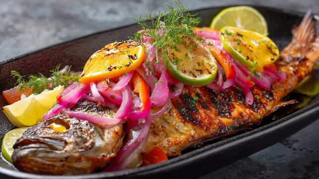 Charred Whole Grilled Fish with Pickled Red Onions and Grilled Citrus