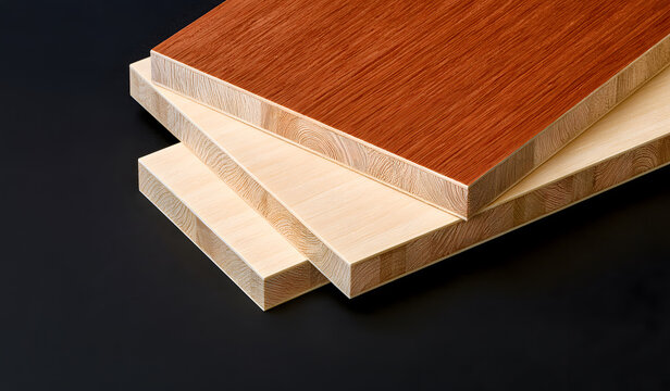 Close up of stacked blockboard panels with wooden veneer surface on black background. High quality lumber core plywood sheets for carpentry and furniture construction.