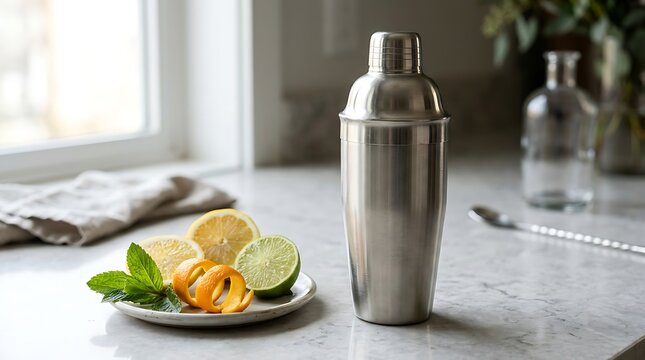 Metal cocktail shaker with fresh lime and mint on a kitchen counter. cocktail shaker mockup