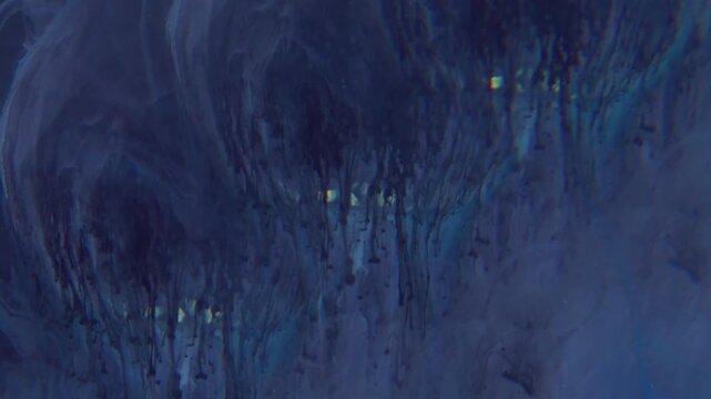 Smoke ink. Dye blend. Black blue blob on crystal glow sphere. Color drip mix defocused prism effect liquid abstract background.
