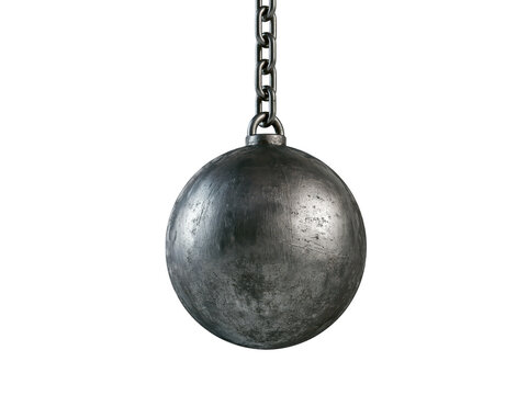 Heavy iron wrecking ball hanging from a metal chain isolated on white background