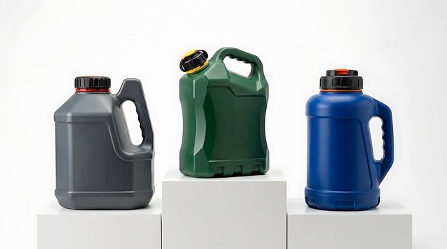 Three different plastic jerry cans and containers for industrial liquid storage on white pedestals. heavy-duty jug designs