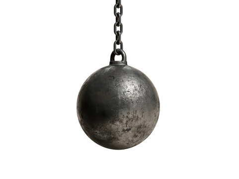 Heavy iron wrecking ball hanging from a metal chain isolated on white background