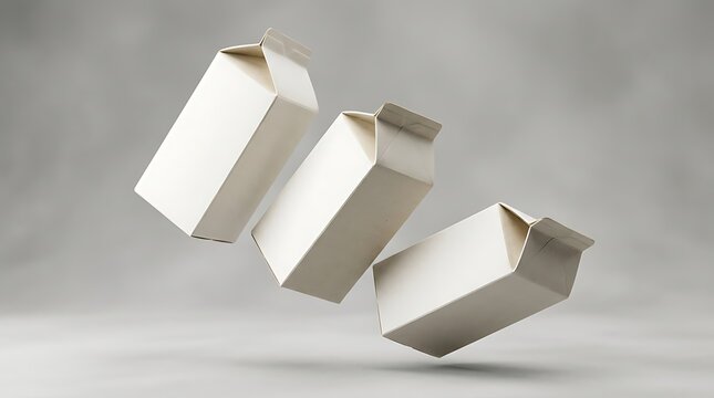Three blank cardboard milk cartons floating in the air for product packaging design mockup. juice box mockup