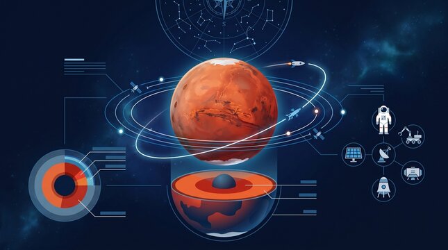 Detailed Scientific Infographic Displaying Mars Surface Landscape Features Geological Cross Section And Orbital Space Exploration Data Visualization