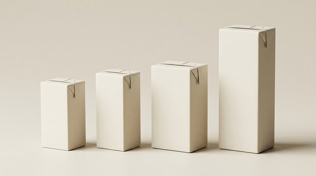 Four blank cardboard juice boxes of different sizes standing in a row. juice box mockup
