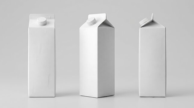 Three blank white milk or juice paper cartons with screw caps for branding mockup. juice box mockup