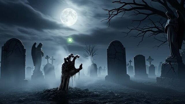 Zombie hand rising from a misty, moonlit graveyard with tombstones at night.