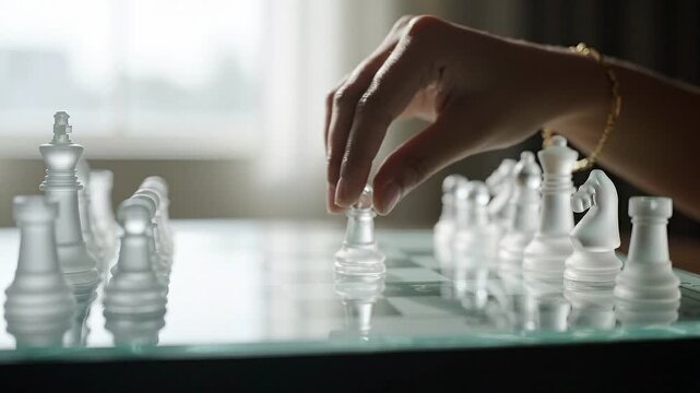 Woman moving frosted glass pawn on transparent chessboard. Strategic opening move sequence with tactical decision and intellectual board game concept