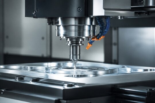 Cnc milling machine cutting metal part in industrial workshop