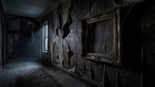 A hauntingly atmospheric halloween background depicting a dilapidated shadowy corridor perfect for creating eerie and suspenseful visuals for spooky season celebrations and digital designs
