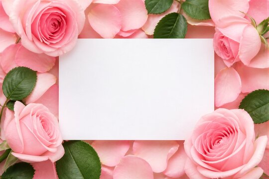 Blank white card surrounded by pink roses on flat surface background
